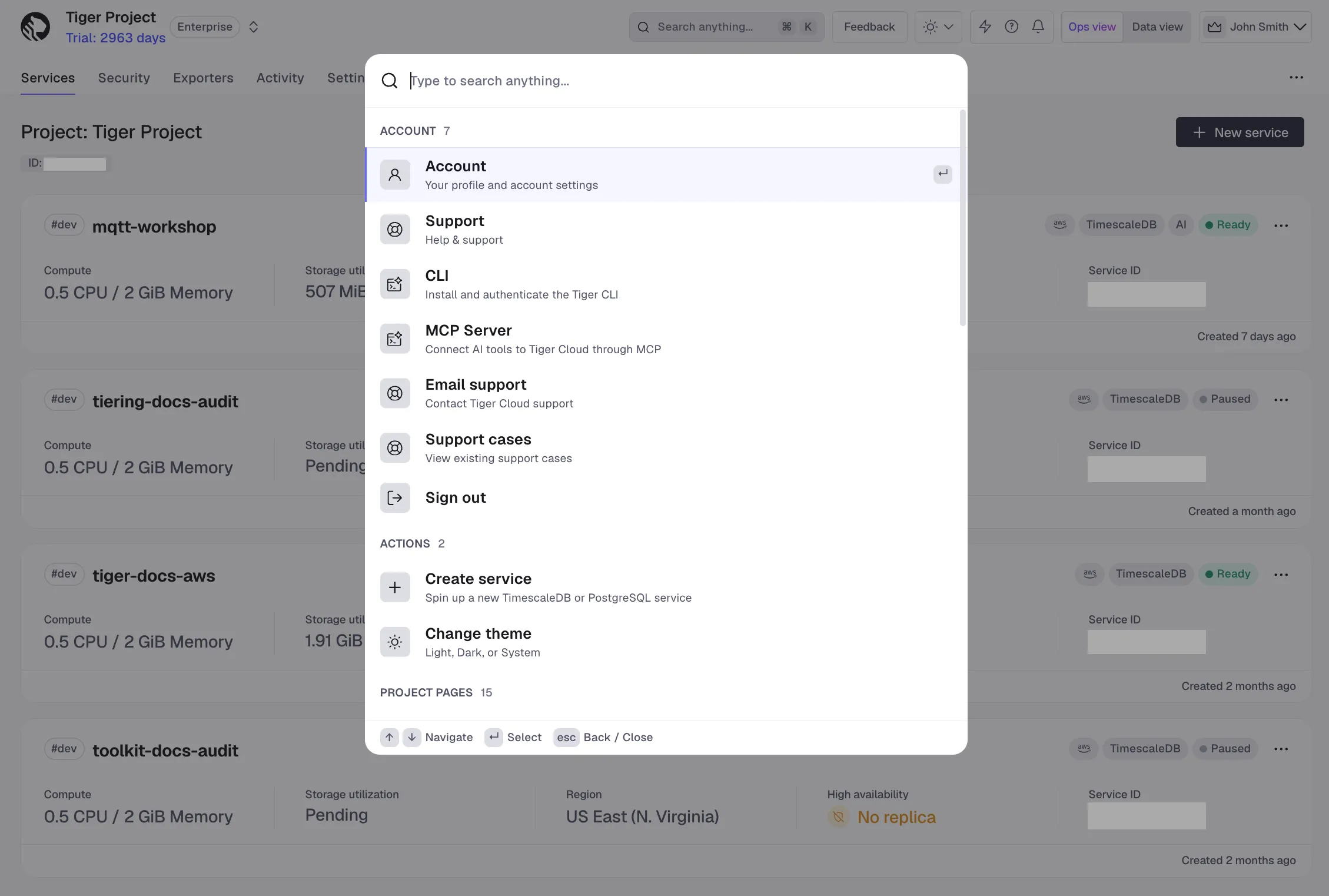 Cmd+K command palette open in Tiger Console showing account, actions, and project pages