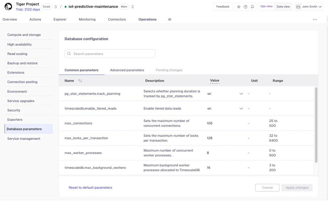 Database configuration parameters